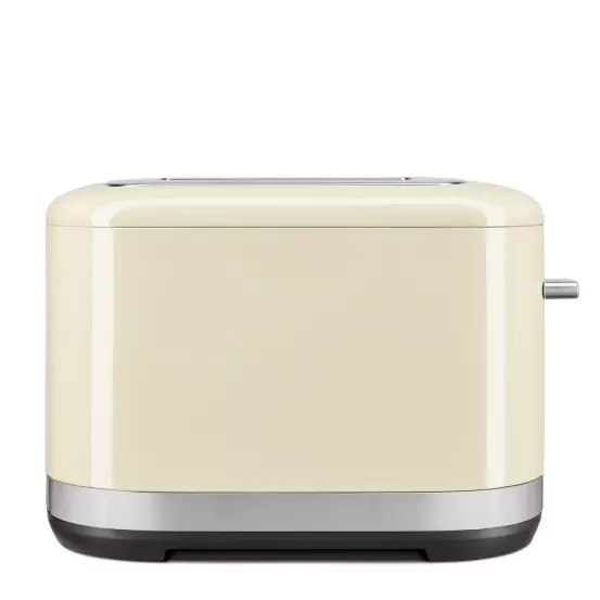 2-szeletes, mandulakrém színű kenyérpirító teljes oldal nézetben bal oldalról.