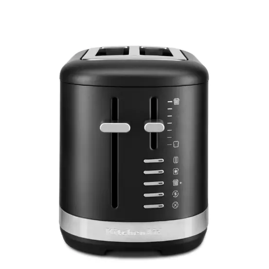 Mattfekete színű kenyérpirító a szabályozó gombokkal és karokkal.