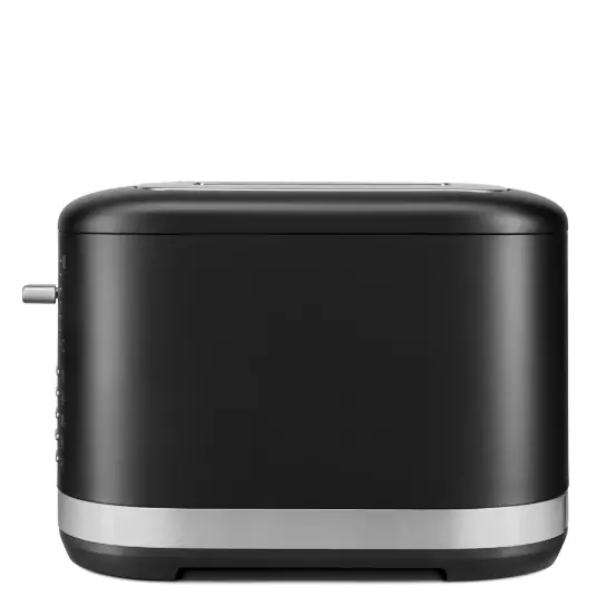 2-szeletes, mattfekete színű kenyérpirító teljes oldal nézetben jobb oldalról.