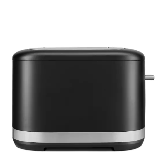 2-szeletes, mattfekete színű kenyérpirító teljes oldal nézetben bal oldalról.