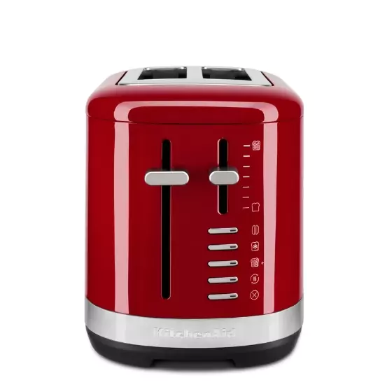 Piros színű kenyérpirító a szabályozó gombokkal és karokkal.
