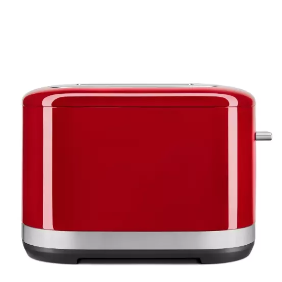 2-szeletes, piros színű kenyérpirító teljes oldal nézetben bal oldalról.