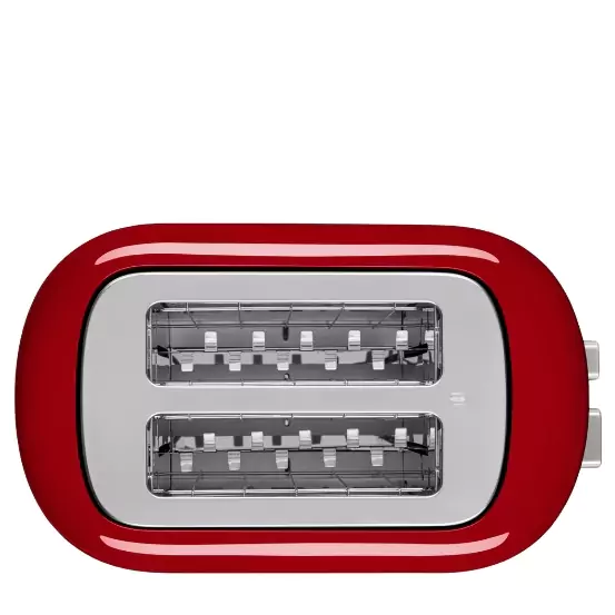 Piros színű kenyérpirító hosszú és széles nyílásai