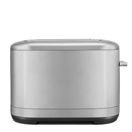 2-szeletes, acél színű kenyérpirító teljes oldal nézetben bal oldalról.