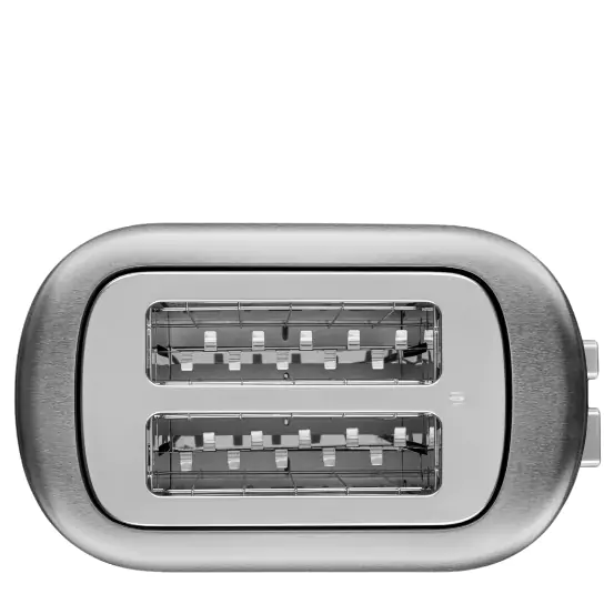 Acél színű kenyérpirító hosszú és széles nyílásai.