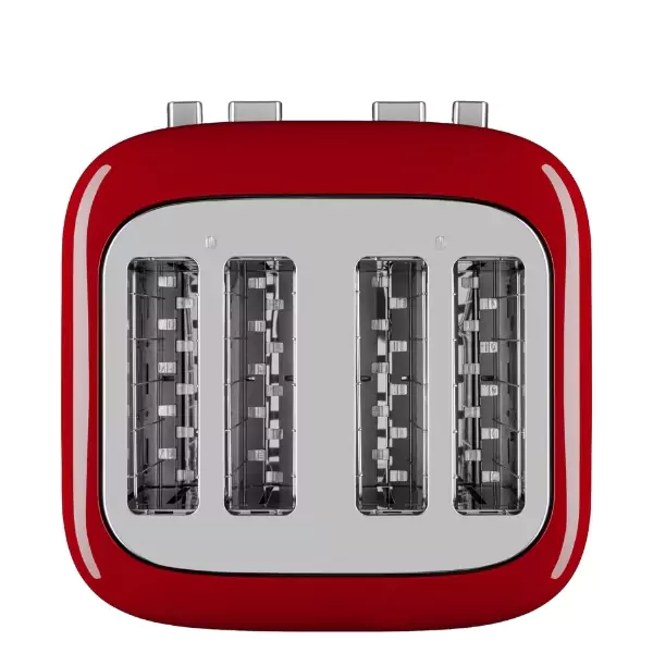 Felülnézetből látható a piros kenyérpirító 4 nyílása.