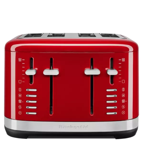 Az összes funkciója látható a piros kenyérpirítónak.