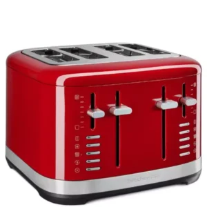 Oldal nézetből láthatóak a piros kenyérpirító gombjai.