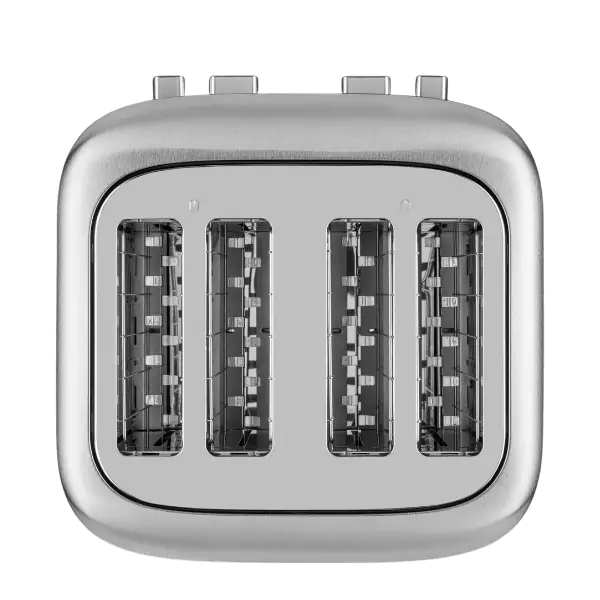 4-szeletes, ezüst kenyérpirító felülnézetből.