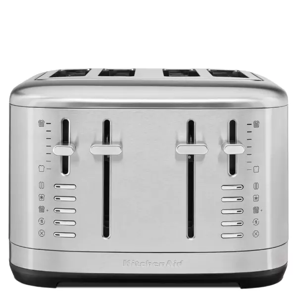 Kenyérpirító szemből, ahol részletesen láthatóak a manuálisan beállítható funkciók és karok.